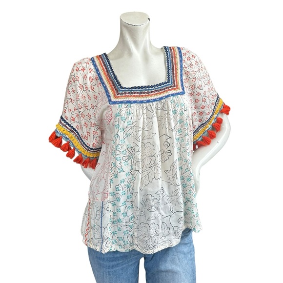 Anthropologie Maeve Paolina Puff Sleeve Tassel Trim Square Neck Blouse XS Petite - Picture 3 of 8